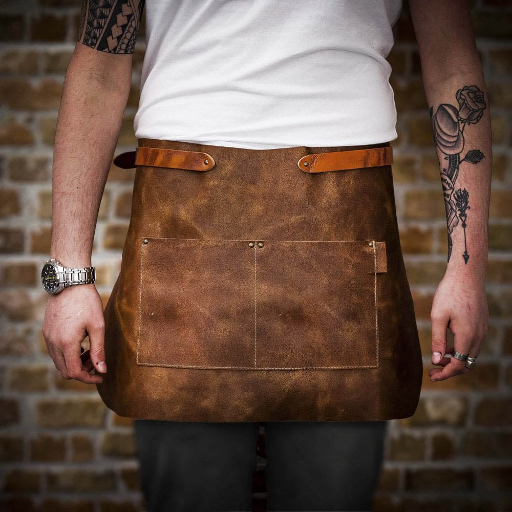 Crafted Vintage Short Cognac Leather Apron with Pocket