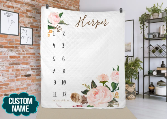 Personalized Growth tracker Baby Milestone Boho watercolor Fleece Blanket Gift For Son Daughter Kids