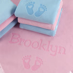 Load image into Gallery viewer, Personalized Newborn Blanket with Hearts and Feet, One Line (Pink and Blue)
