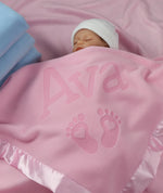 Load image into Gallery viewer, Personalized Newborn Blanket with Hearts and Feet, One Line (Pink and Blue)
