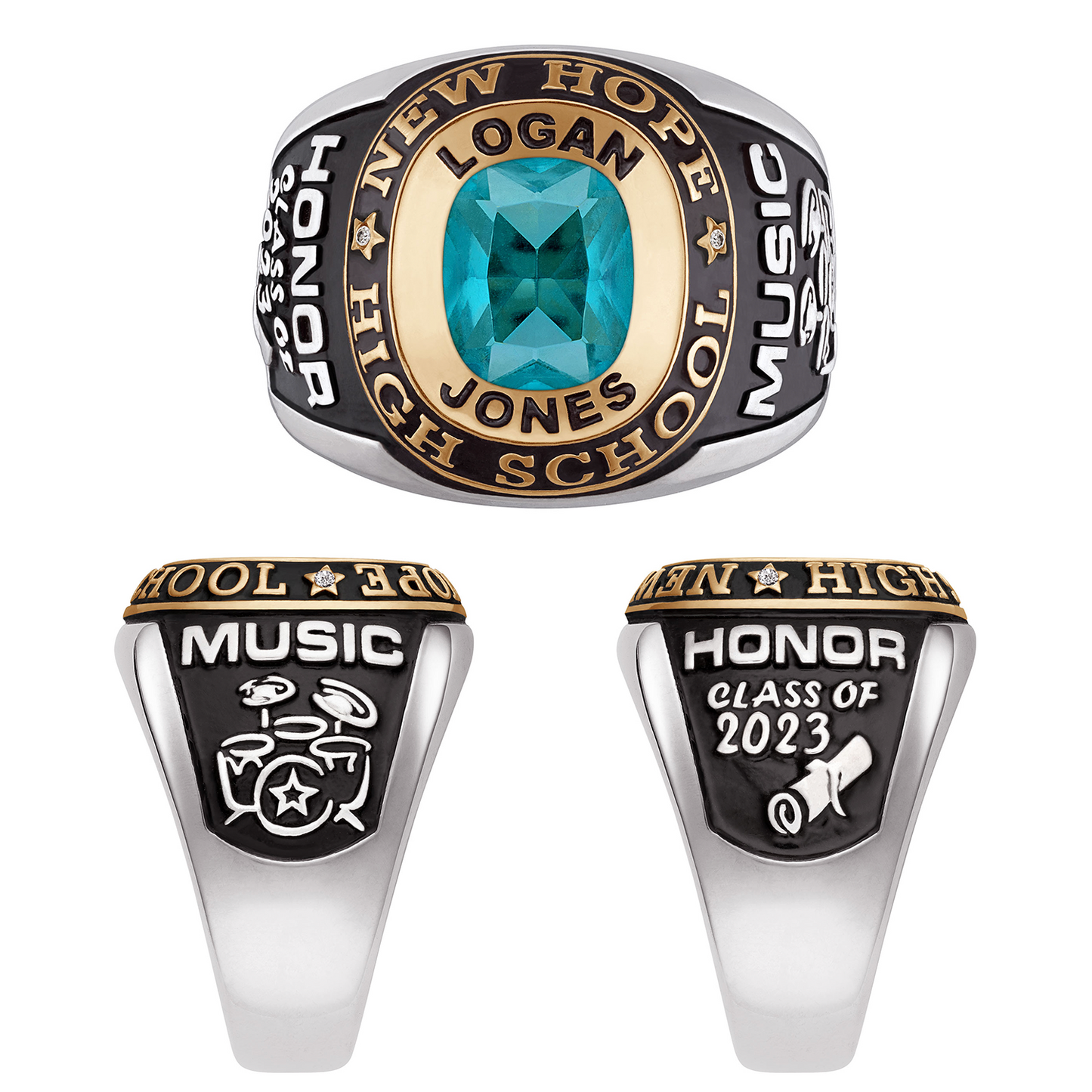 Men's Simulated Birthstone and Diamond Accent High School Class Ring in Sterling Silver and 18K Gold Plate